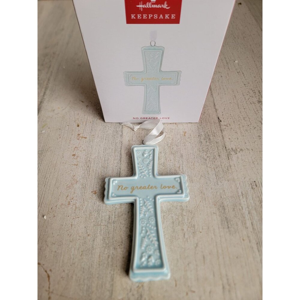 Hallmark NEW No Greater Love cross ornament Xmas blue‎